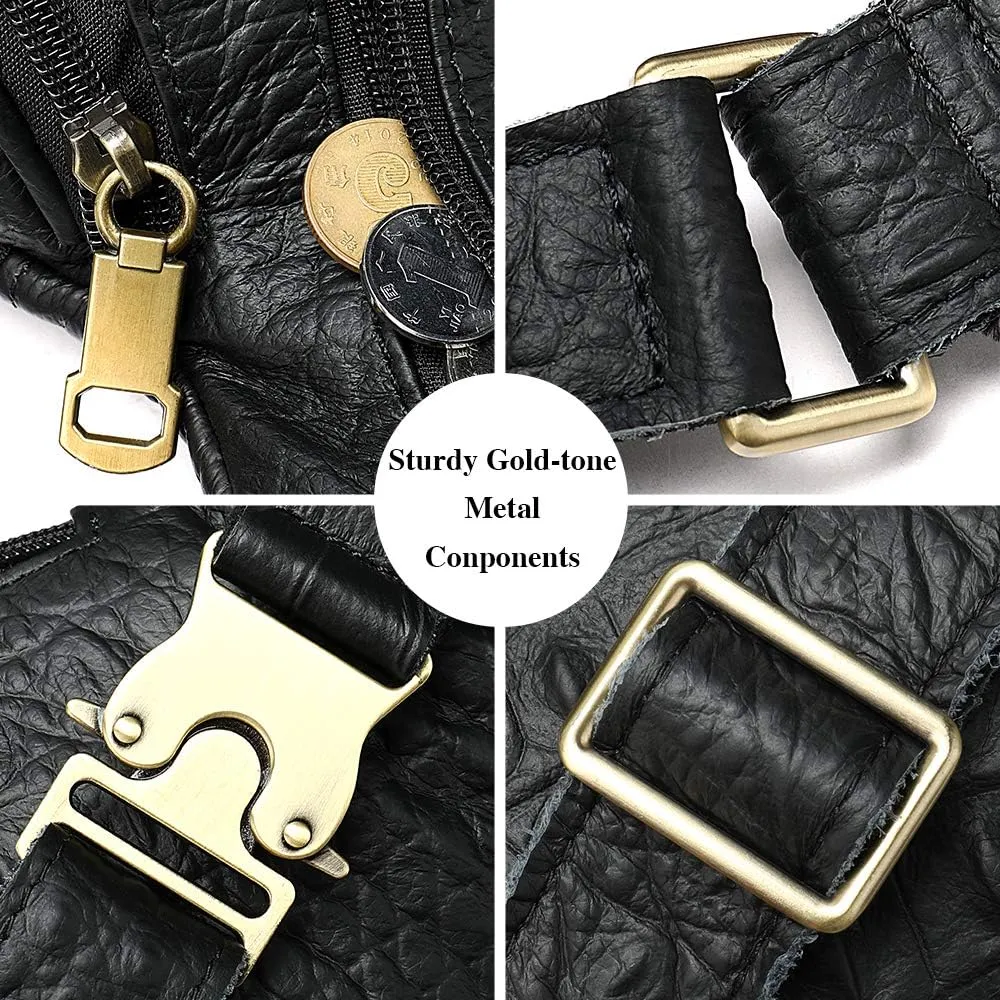 Genuine Leather Extra Large Fanny Pack Plus Size Sling Waist Pack Hip Belt Bag for Women and Men Crocodile Embossed Black
