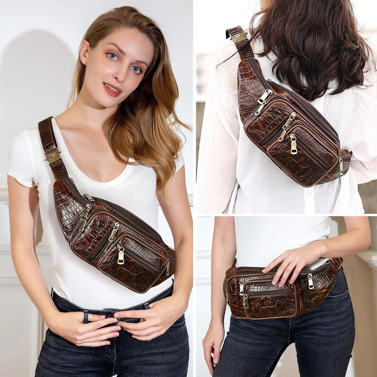 Genuine Leather Extra Large Fanny Pack Plus Size Sling Waist Pack Hip Belt Bag for Women and Men Crocodile Embossed Coffee
