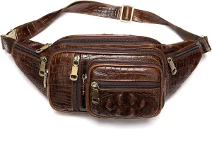 Genuine Leather Extra Large Fanny Pack Plus Size Sling Waist Pack Hip Belt Bag for Women and Men Crocodile Embossed Coffee