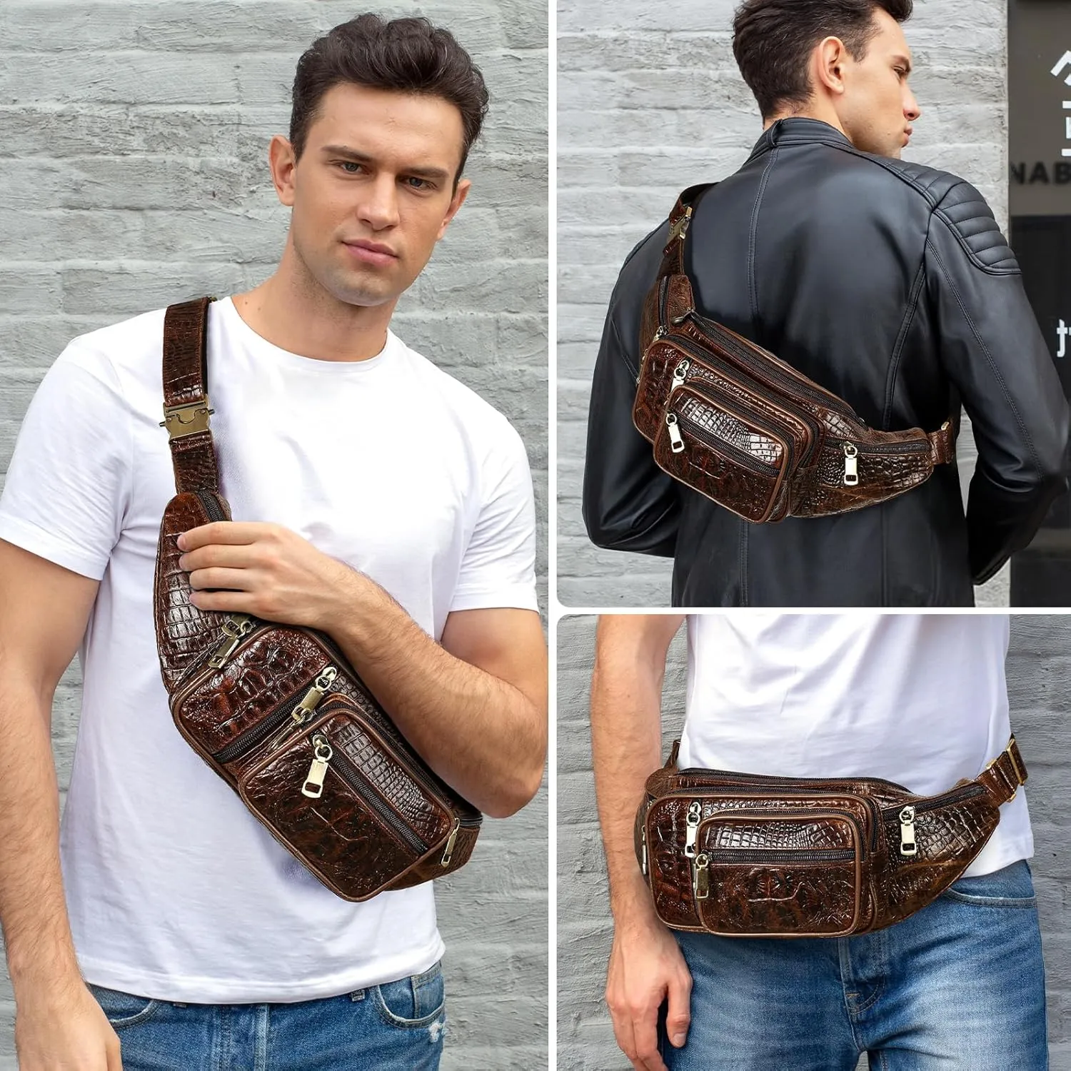 Genuine Leather Extra Large Fanny Pack Plus Size Sling Waist Pack Hip Belt Bag for Women and Men Crocodile Embossed Coffee