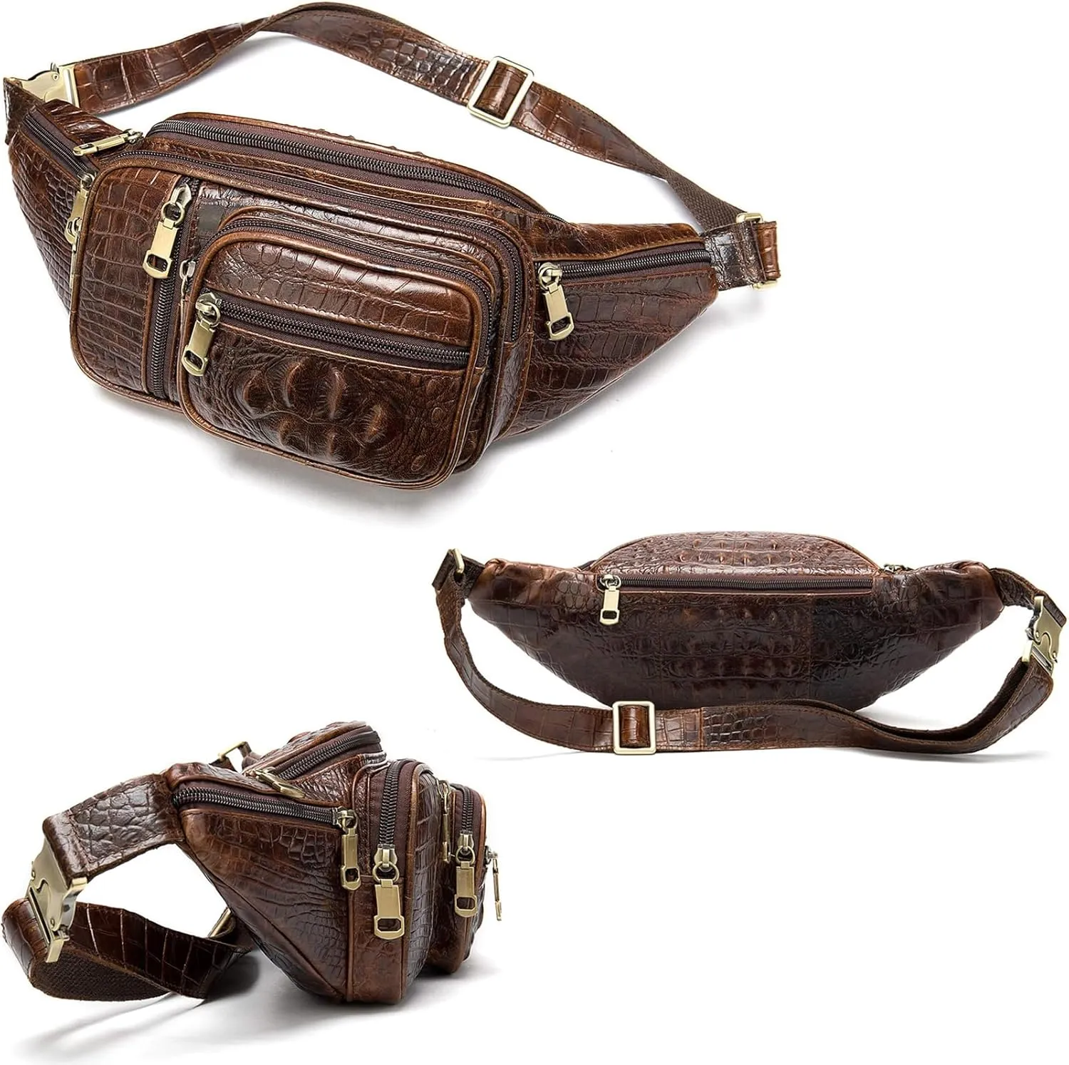 Genuine Leather Extra Large Fanny Pack Plus Size Sling Waist Pack Hip Belt Bag for Women and Men Crocodile Embossed Coffee