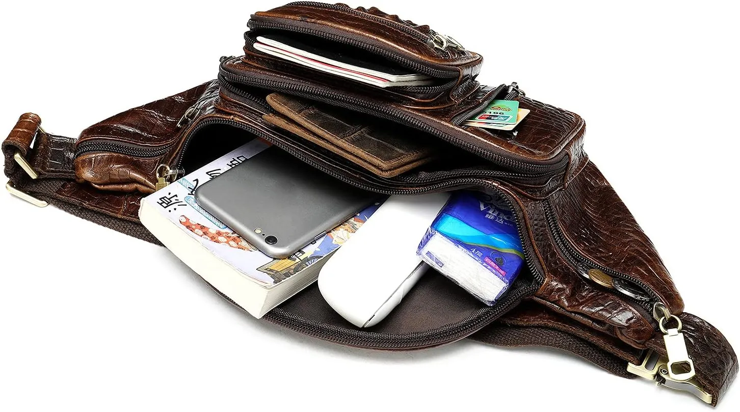 Genuine Leather Extra Large Fanny Pack Plus Size Sling Waist Pack Hip Belt Bag for Women and Men Crocodile Embossed Coffee