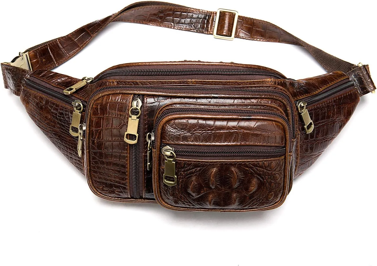 Genuine Leather Extra Large Fanny Pack Plus Size Sling Waist Pack Hip Belt Bag for Women and Men Crocodile Embossed Coffee