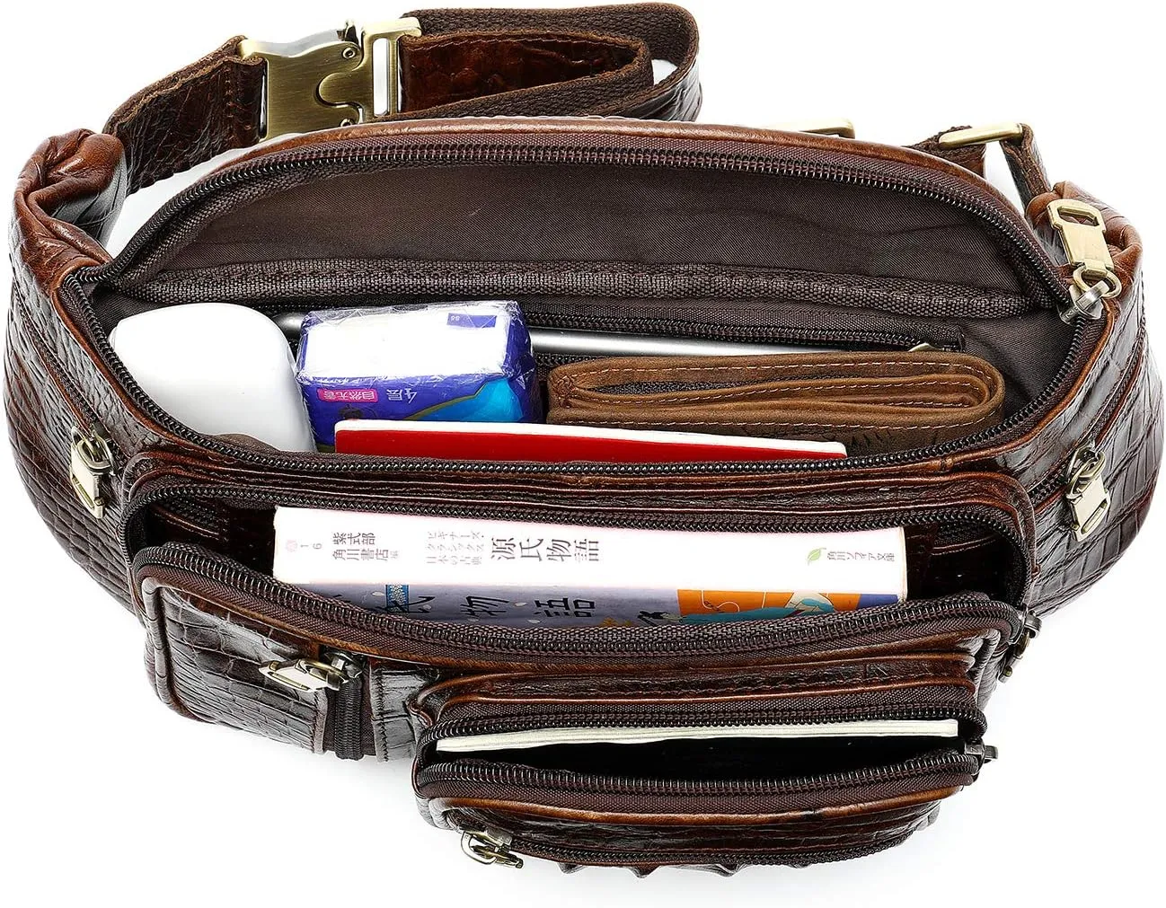 Genuine Leather Extra Large Fanny Pack Plus Size Sling Waist Pack Hip Belt Bag for Women and Men Crocodile Embossed Coffee