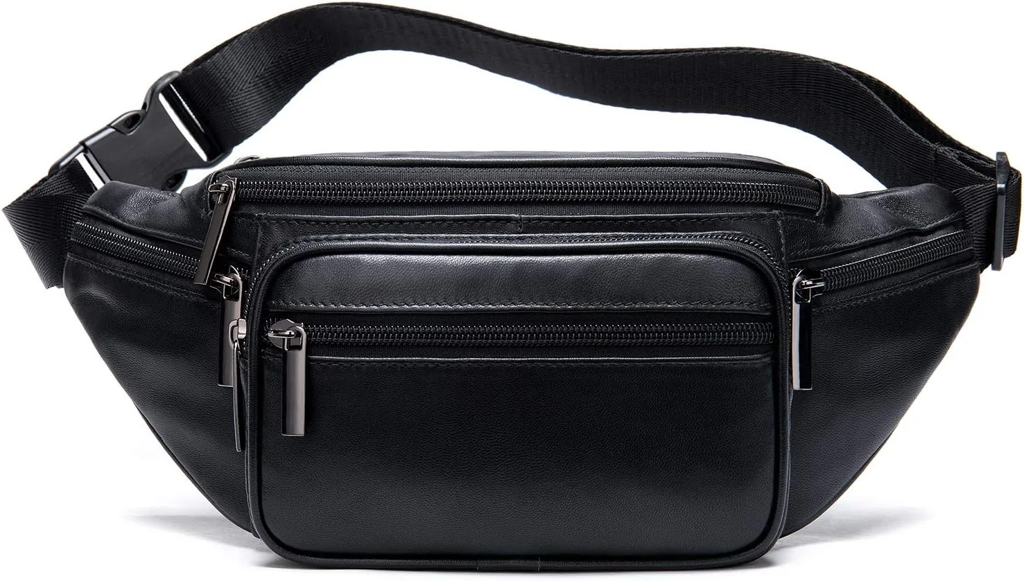 Genuine Leather Fanny Pack Purse 7-Zipper-Pouches Waist Bag with Adjustable Belt