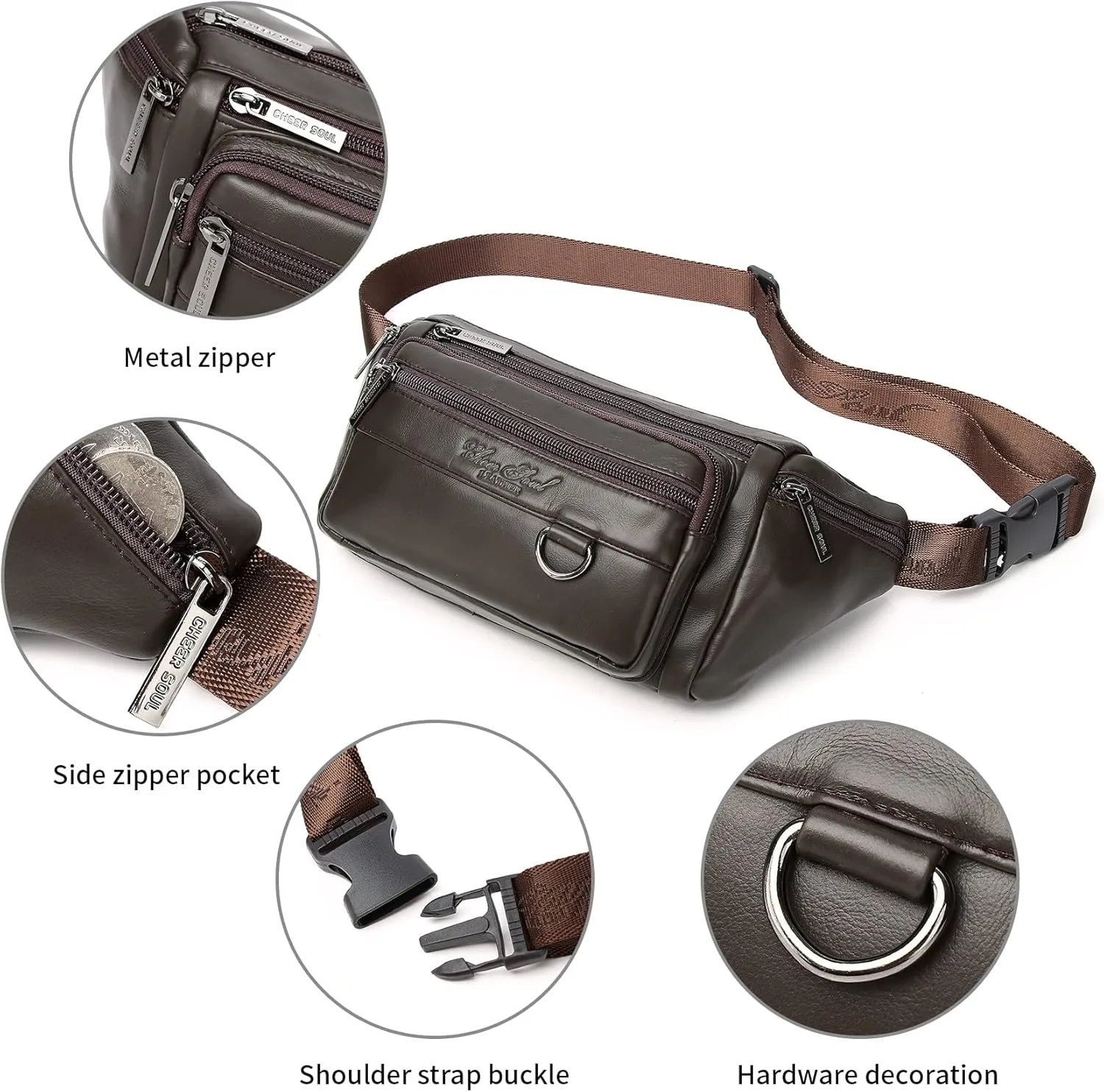 Genuine Leather Fanny Pack Waist Bag for Men Women Multifunction Hip Bum Bag Fashionable Multi-Pockets Waist Belt Bag for Travel Sports Hiking Cycling Fishing Running Coffee