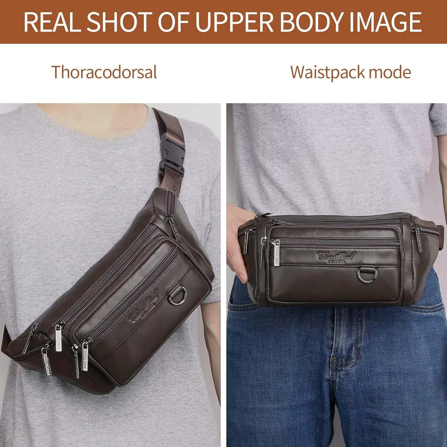 Genuine Leather Fanny Pack Waist Bag for Men Women Multifunction Hip Bum Bag Fashionable Multi-Pockets Waist Belt Bag for Travel Sports Hiking Cycling Fishing Running Coffee