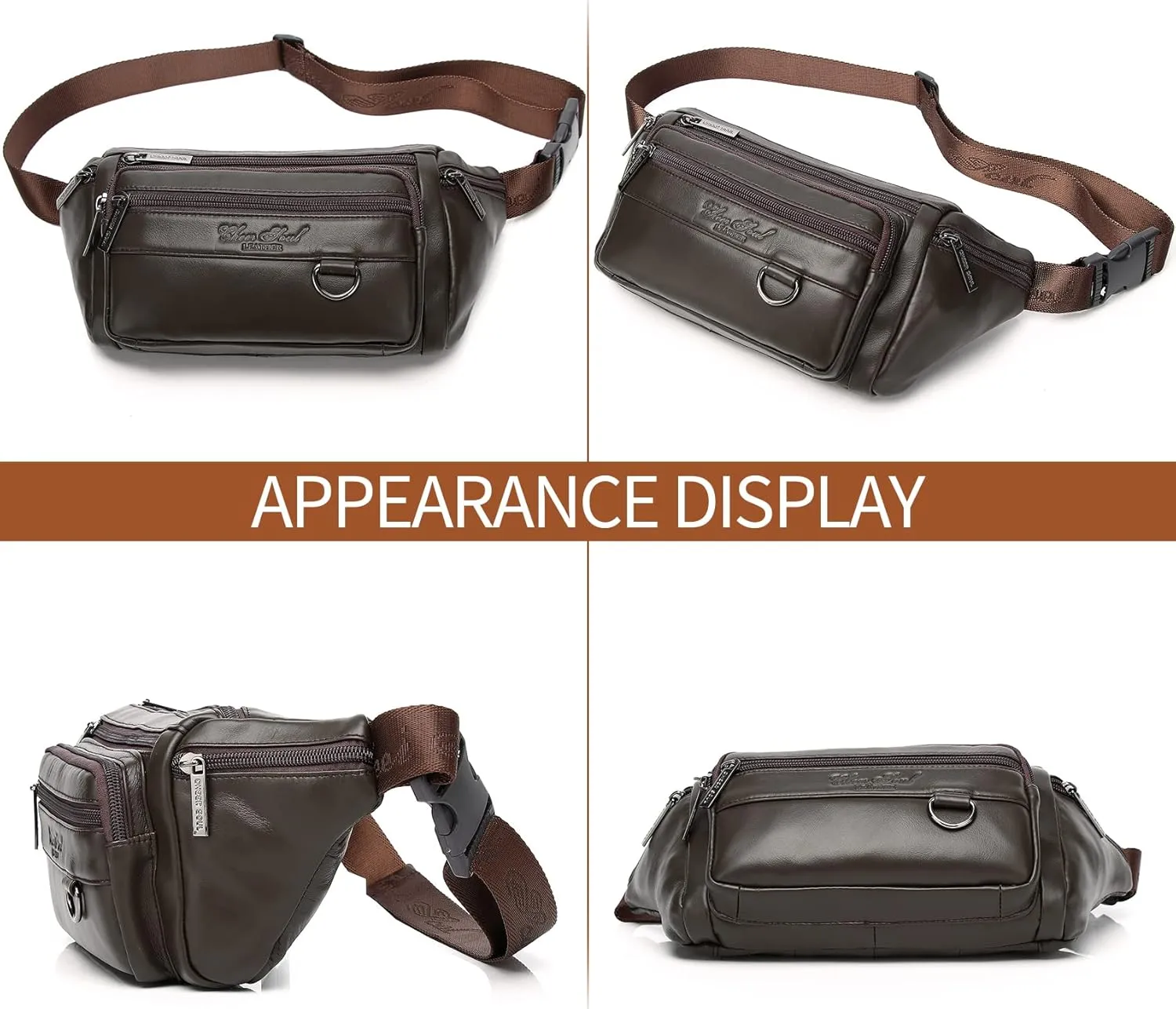 Genuine Leather Fanny Pack Waist Bag for Men Women Multifunction Hip Bum Bag Fashionable Multi-Pockets Waist Belt Bag for Travel Sports Hiking Cycling Fishing Running Coffee