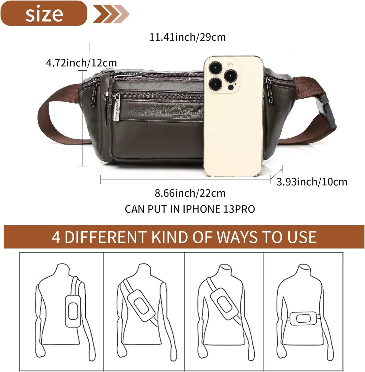 Genuine Leather Fanny Pack Waist Bag for Men Women Multifunction Hip Bum Bag Fashionable Multi-Pockets Waist Belt Bag for Travel Sports Hiking Cycling Fishing Running Coffee