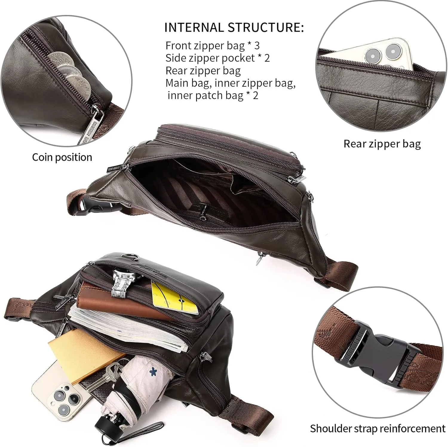 Genuine Leather Fanny Pack Waist Bag for Men Women Multifunction Hip Bum Bag Fashionable Multi-Pockets Waist Belt Bag for Travel Sports Hiking Cycling Fishing Running Coffee