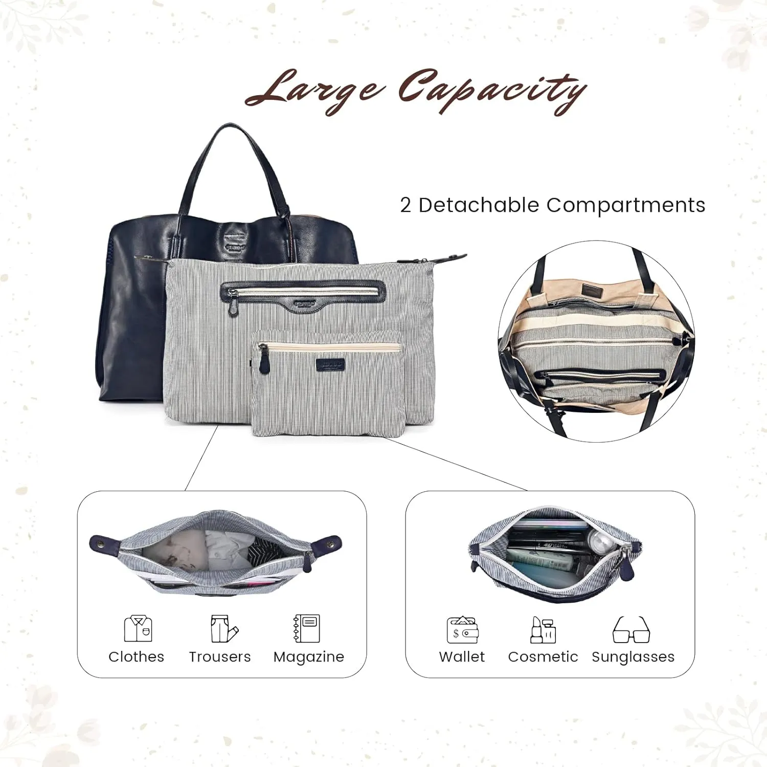 Genuine Leather Forest Island Tote | Spacious Handbag with Removable Inner Pouches