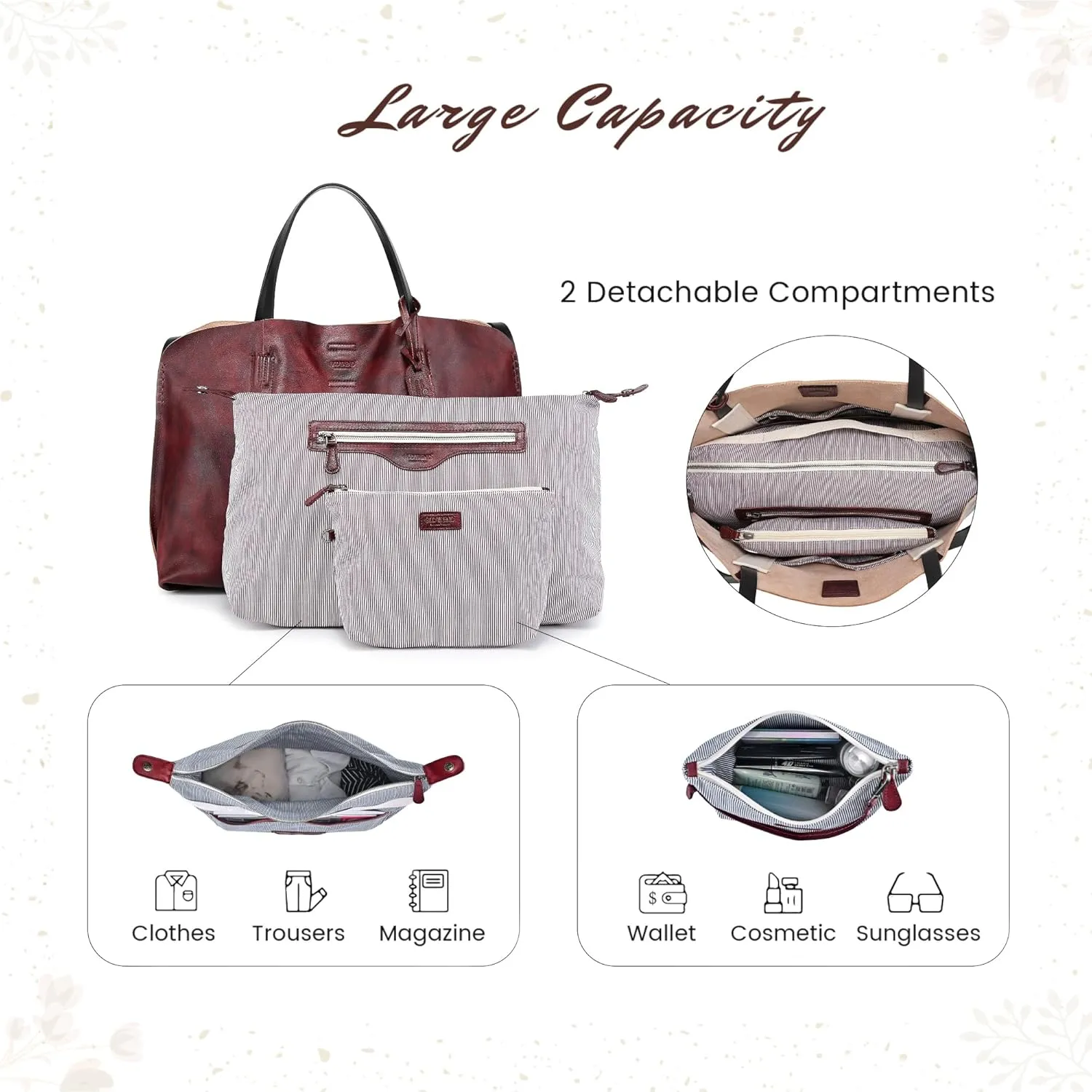 Genuine Leather Forest Island Tote | Spacious Handbag with Removable Inner Pouches