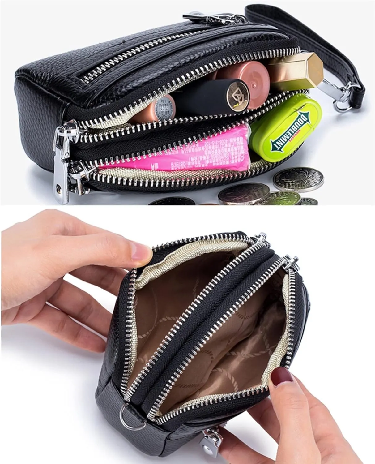Genuine Leather Mini Wristlet Wallet Coin Pouch Handbag Clutch with Wrist Strap (Light Purple)