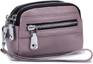 Genuine Leather Mini Wristlet Wallet Coin Pouch Handbag Clutch with Wrist Strap (Light Purple)