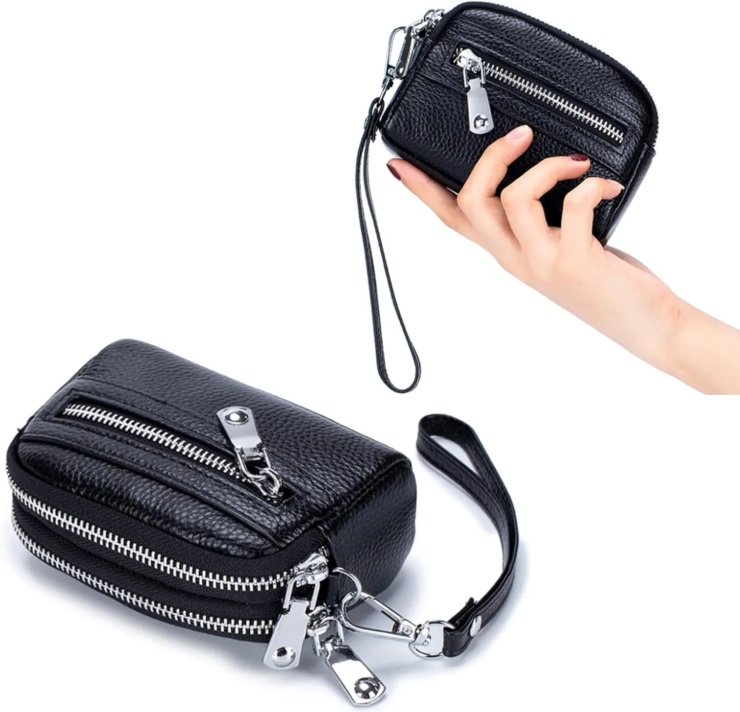 Genuine Leather Mini Wristlet Wallet Coin Pouch Handbag Clutch with Wrist Strap (Light Purple)