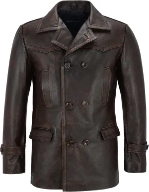 German Pea Coat Men Classic Reefer Military Style Cowhide Leather Jacket DR-Who