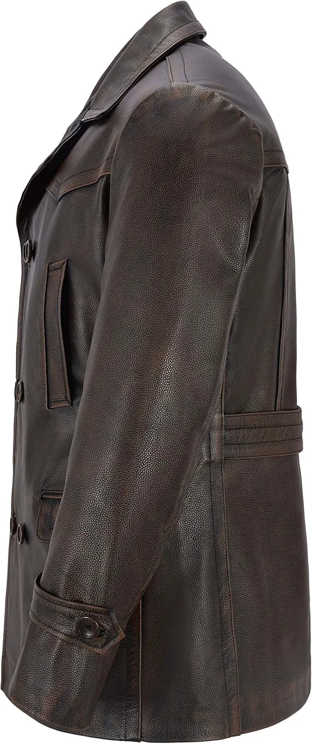German Pea Coat Men Classic Reefer Military Style Cowhide Leather Jacket DR-Who