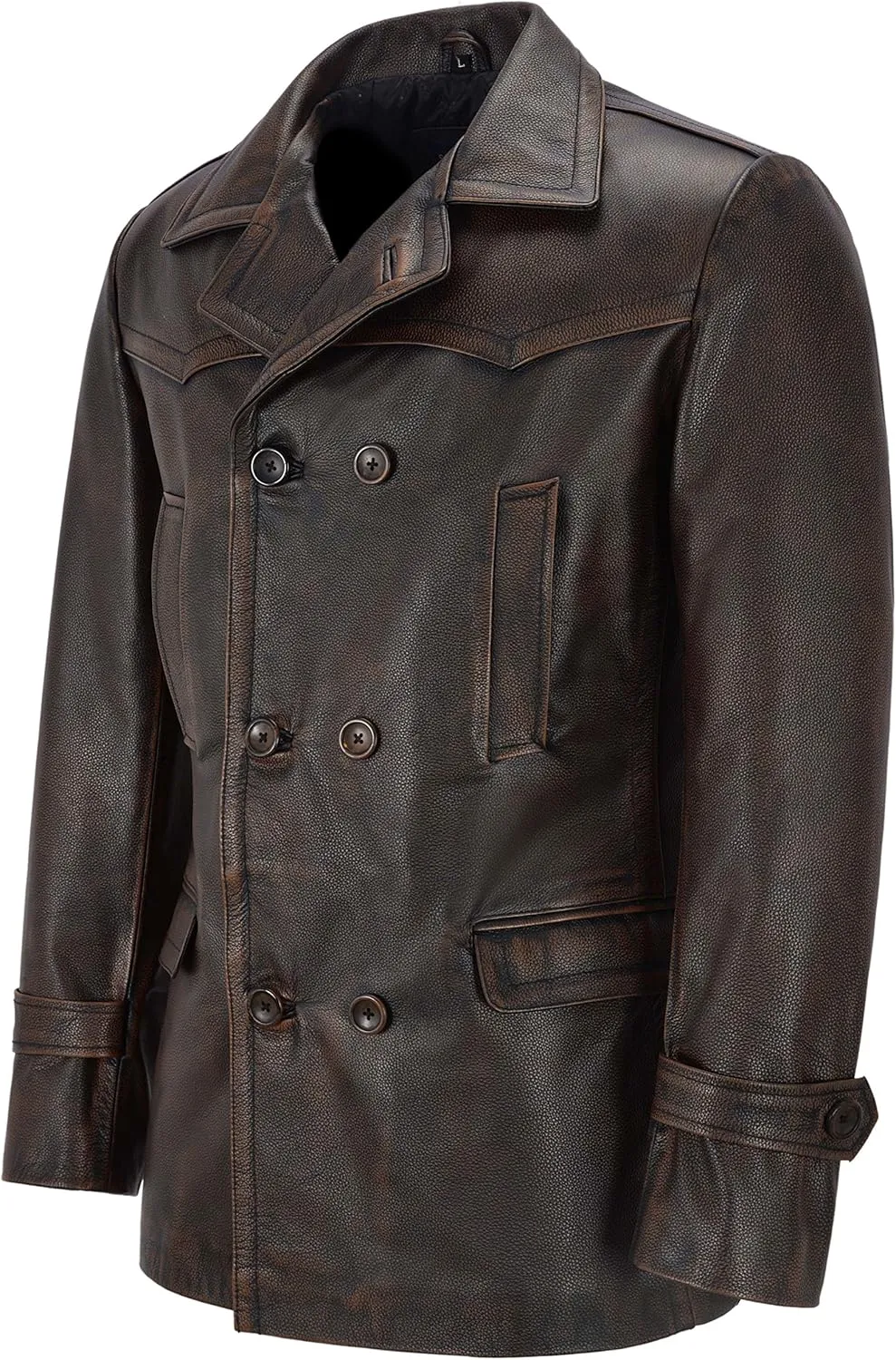 German Pea Coat Men Classic Reefer Military Style Cowhide Leather Jacket DR-Who