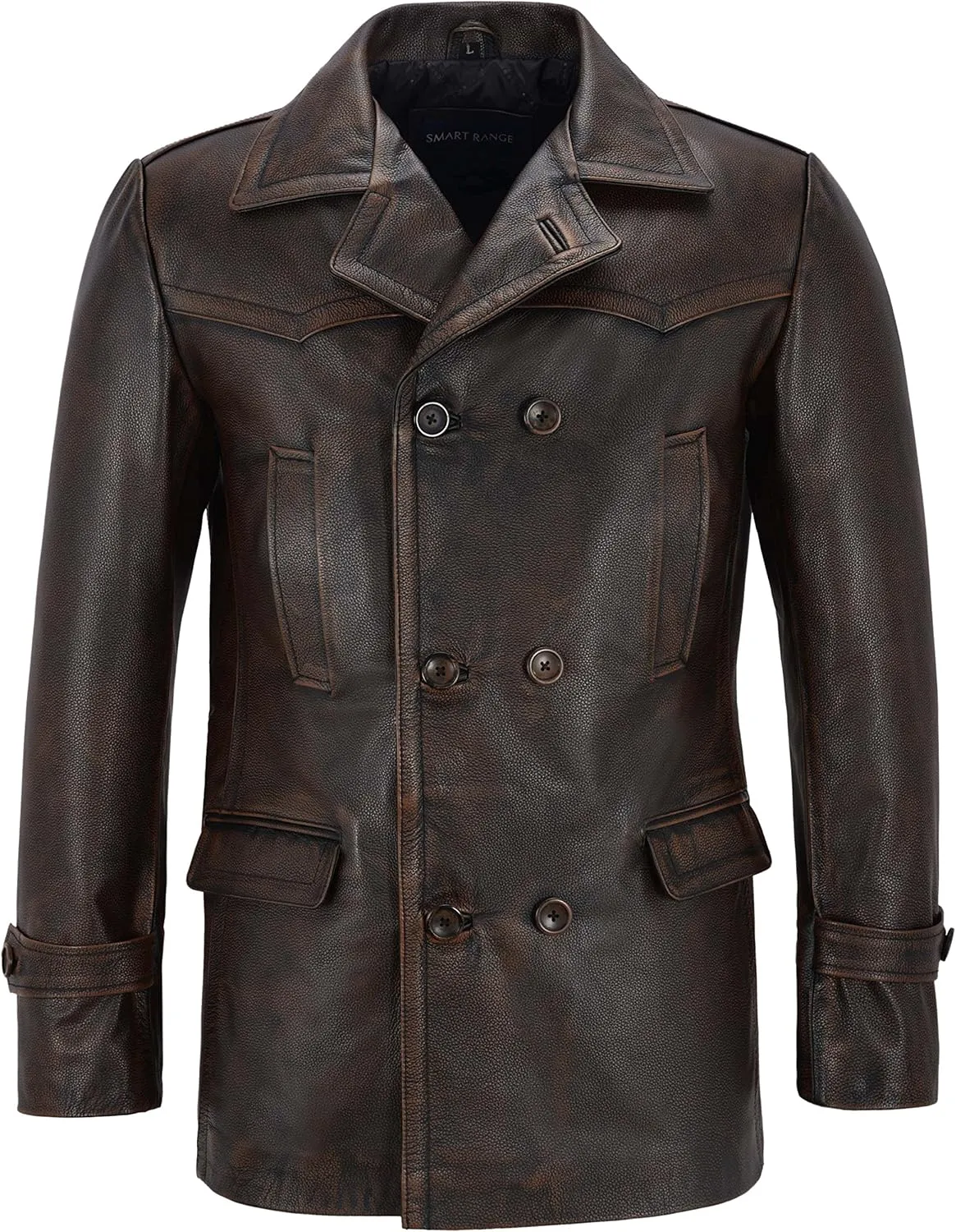 German Pea Coat Men Classic Reefer Military Style Cowhide Leather Jacket DR-Who