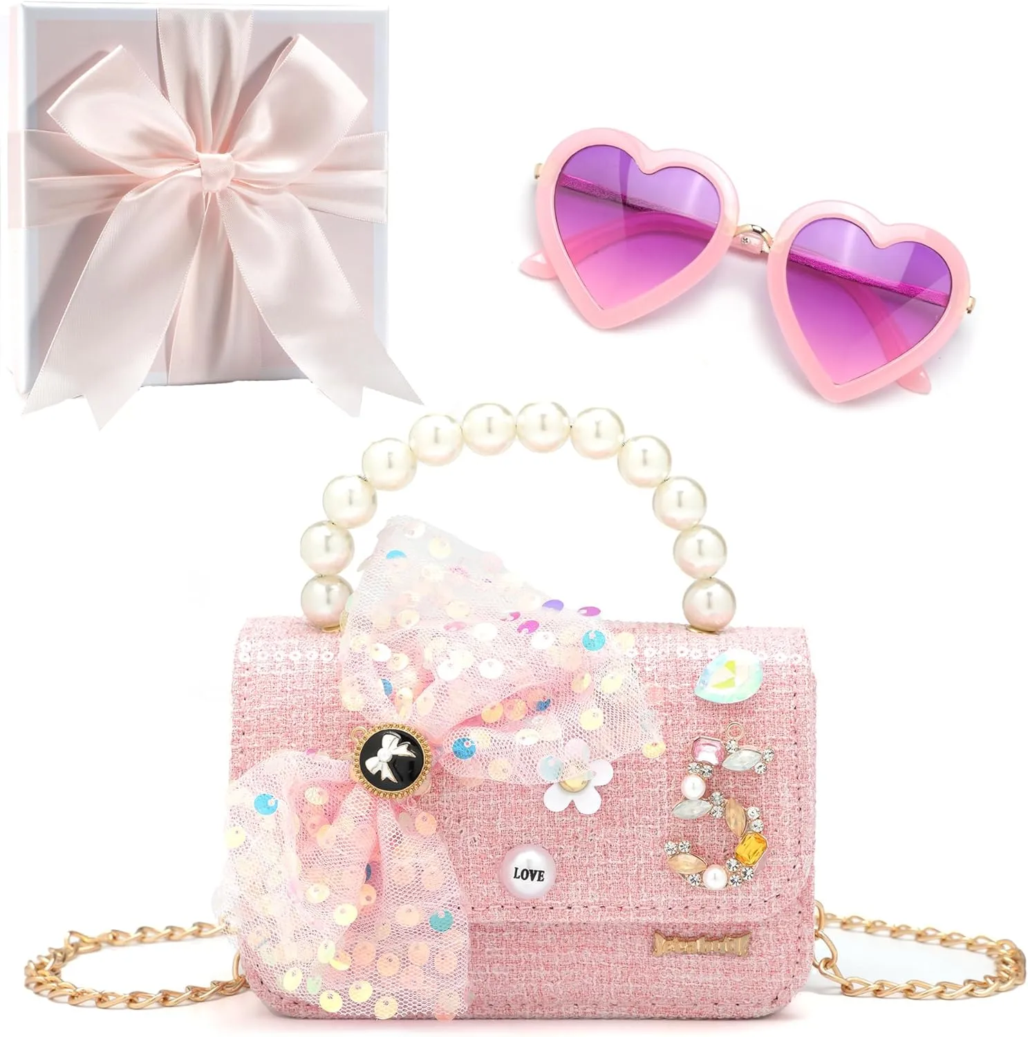 Gifts for Little Girls, Mini Kids Purses Baby Handbag Toddler Purse Sunglasses Gift Box Set Travel Shoulder Crossbody Bag