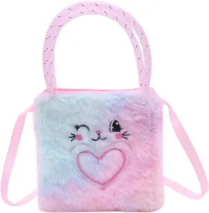 Girls Kids Fluffy Fuzzy Bowknot Crossbody Purse Cute Animal Rainbow Tie Dye Plush Shoulder Bag Coin Purse