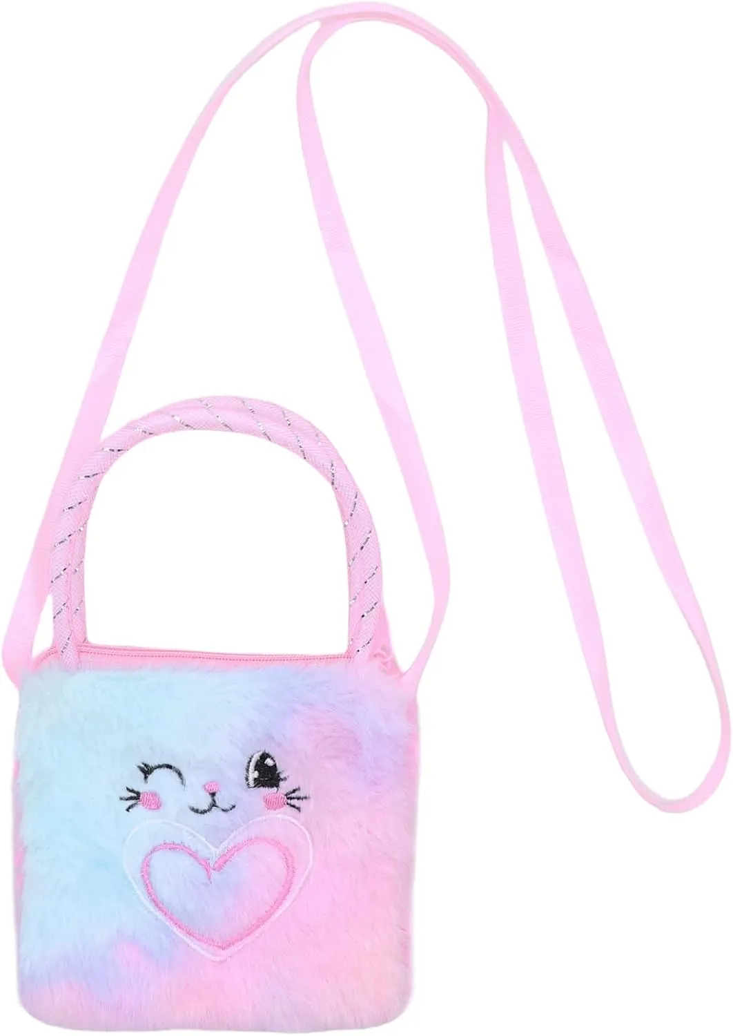 Girls Kids Fluffy Fuzzy Bowknot Crossbody Purse Cute Animal Rainbow Tie Dye Plush Shoulder Bag Coin Purse