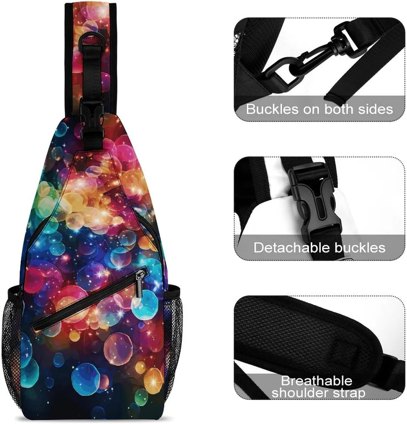 Glitter Rainbow Polka Dot Crossbody Sling Bag, Travel Backpack, Hiking Sling Bags, Chest Bag, Shoulder Bags, Daypack