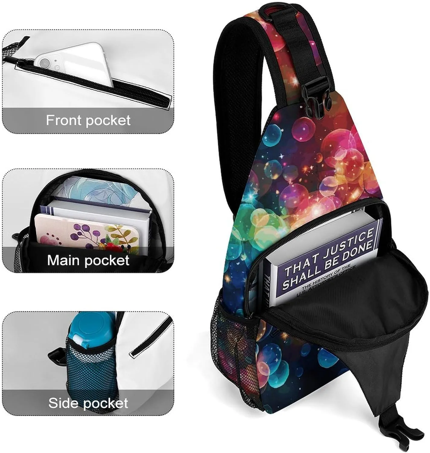 Glitter Rainbow Polka Dot Crossbody Sling Bag, Travel Backpack, Hiking Sling Bags, Chest Bag, Shoulder Bags, Daypack
