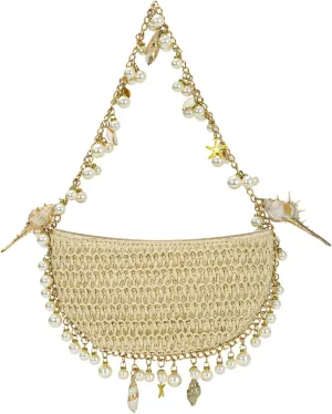 GOKTOW Handwoven Straw Beach Clutch Purse with Pearl Shell Decor - Summer Wedding Vacation Boho Bag for Women