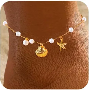 Gold Anklets Ankle Bracelets for Women Waterproof 18K Gold Plated Beads Link Bow Shell Starfish Pearl Butterfly Pendant Women Beach Jewelry Gift Adjustable Size