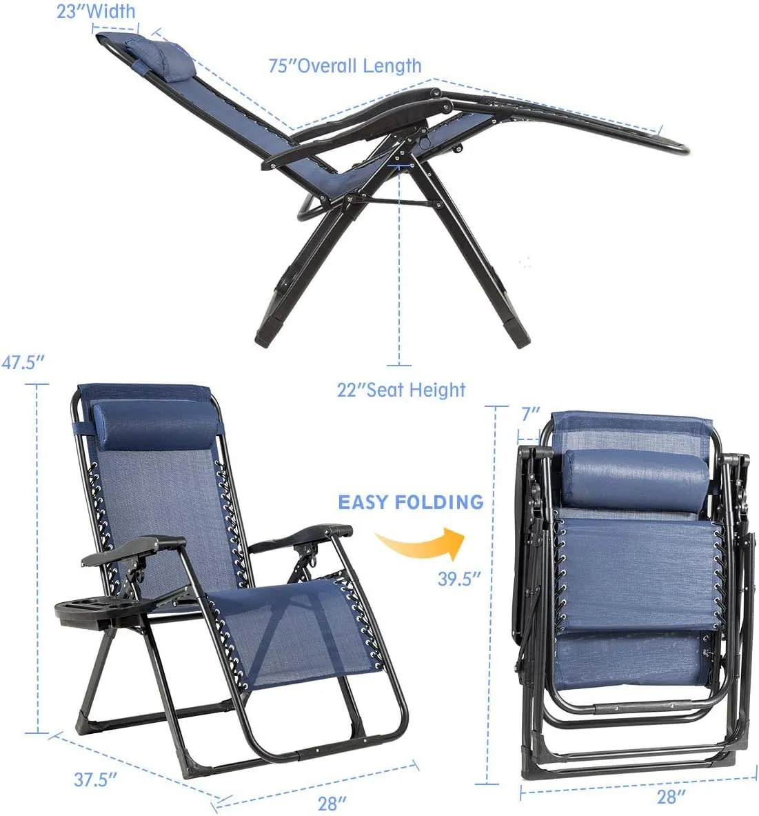 Goplus Oversized Zero Gravity Chair, XL-Extended Version, Outdoor Recliner w/Cup Holder & Detachable Headrest, Foldable Mesh Lounge Chairs for Patio Pool Porch & Deck, 500LBS (Navy)