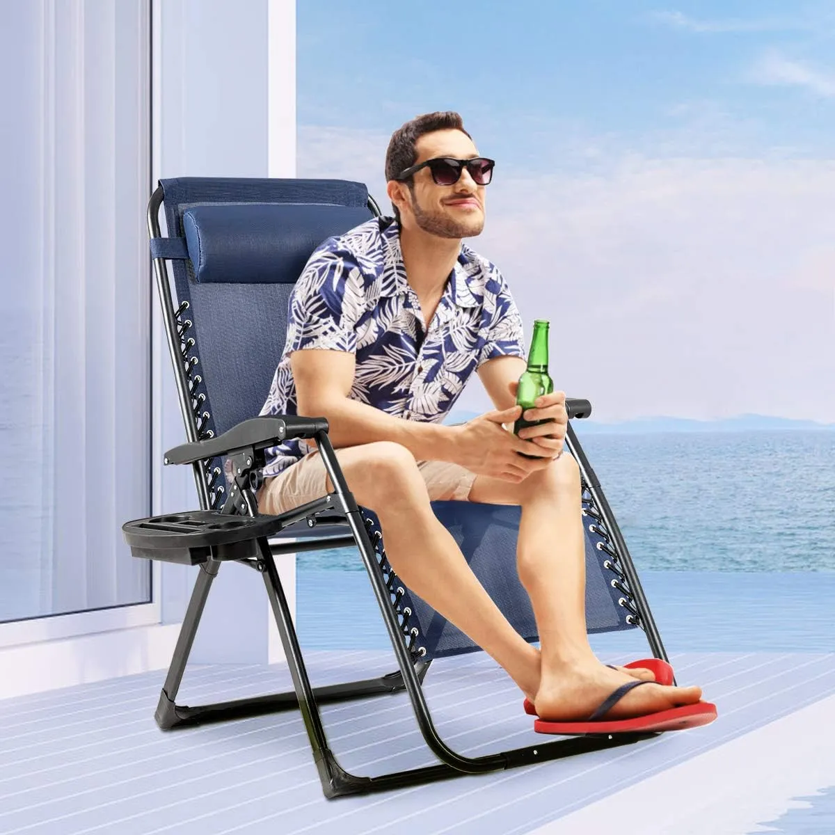 Goplus Oversized Zero Gravity Chair, XL-Extended Version, Outdoor Recliner w/Cup Holder & Detachable Headrest, Foldable Mesh Lounge Chairs for Patio Pool Porch & Deck, 500LBS (Navy)