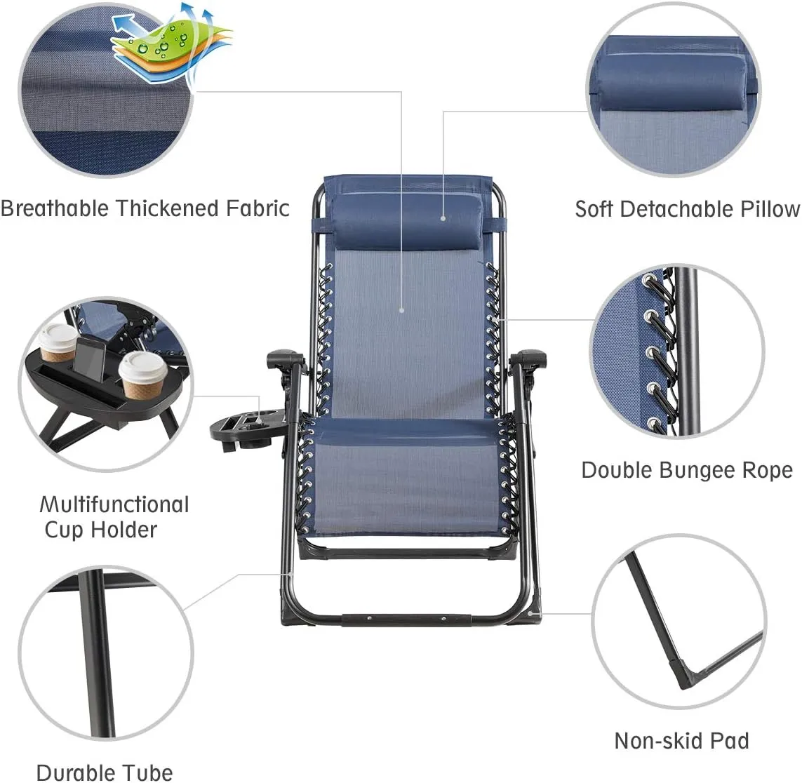 Goplus Oversized Zero Gravity Chair, XL-Extended Version, Outdoor Recliner w/Cup Holder & Detachable Headrest, Foldable Mesh Lounge Chairs for Patio Pool Porch & Deck, 500LBS (Navy)