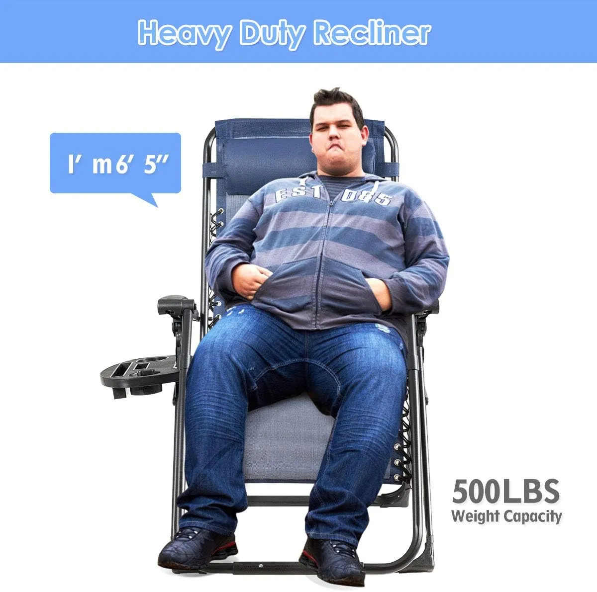 Goplus Oversized Zero Gravity Chair, XL-Extended Version, Outdoor Recliner w/Cup Holder & Detachable Headrest, Foldable Mesh Lounge Chairs for Patio Pool Porch & Deck, 500LBS (Navy)