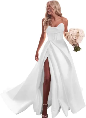 Gorgeous Satin Long Wedding Dresses with Slit for Women 2025 Corset Bridal Dresses for Wedding RO006