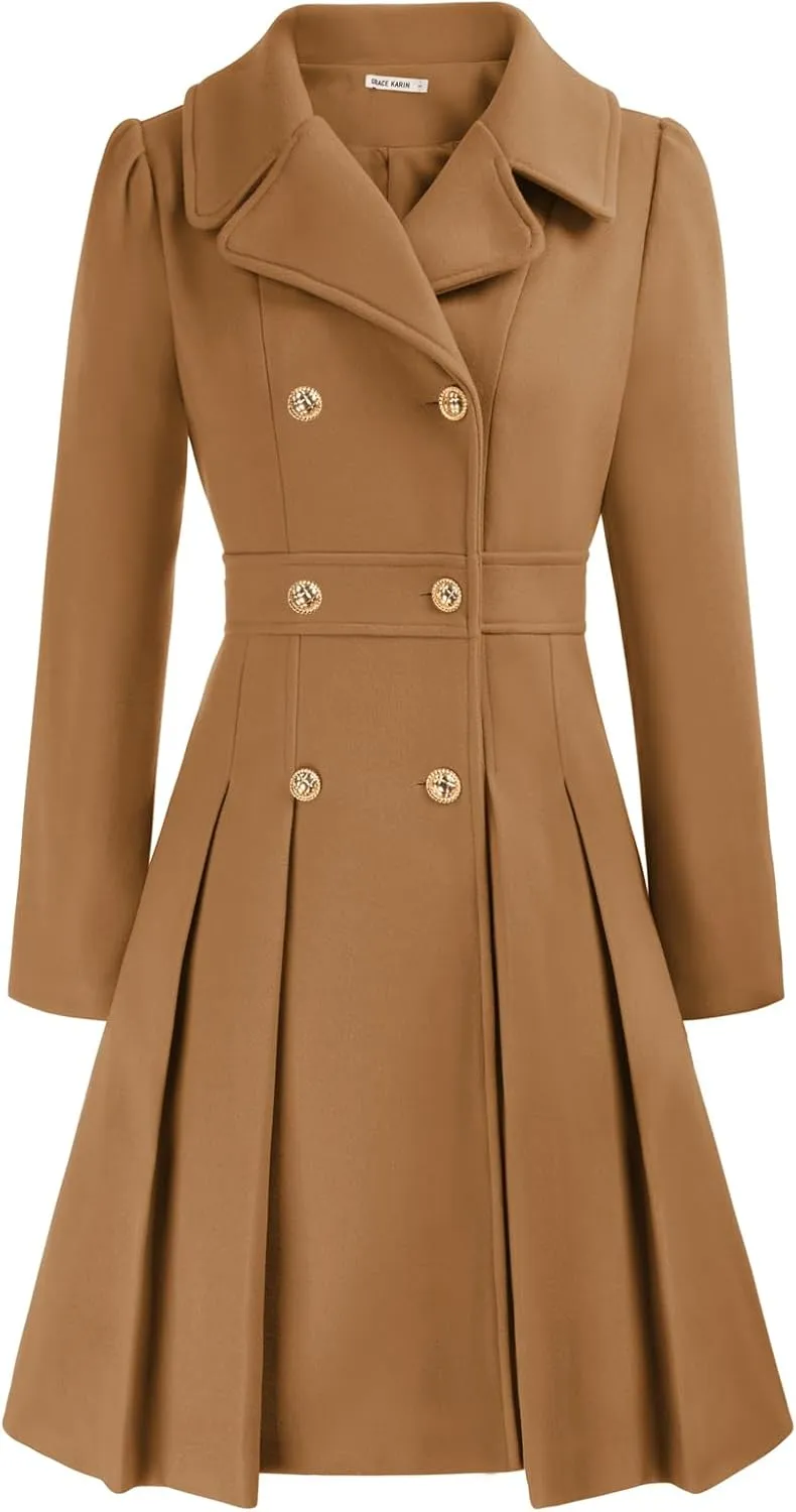 GRACE KARIN 2024 Women's Fashion Trench Coat Notch Lapel Double Breasted Thick A Line Pea Coats Jacket with Pockets(S-2XL)