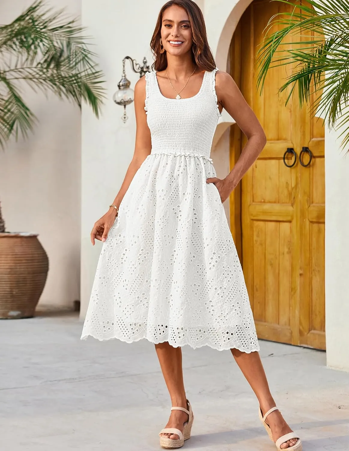 GRACE KARIN 2025 Womens Dress Summer Sleeveless Casual Vacation Embroidered Midi Dress with Pockets