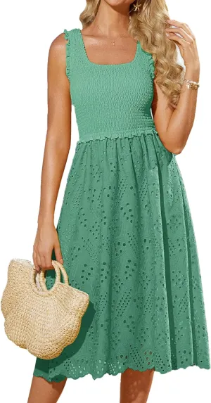 GRACE KARIN 2025 Womens Dress Summer Sleeveless Casual Vacation Embroidered Midi Dress with Pockets