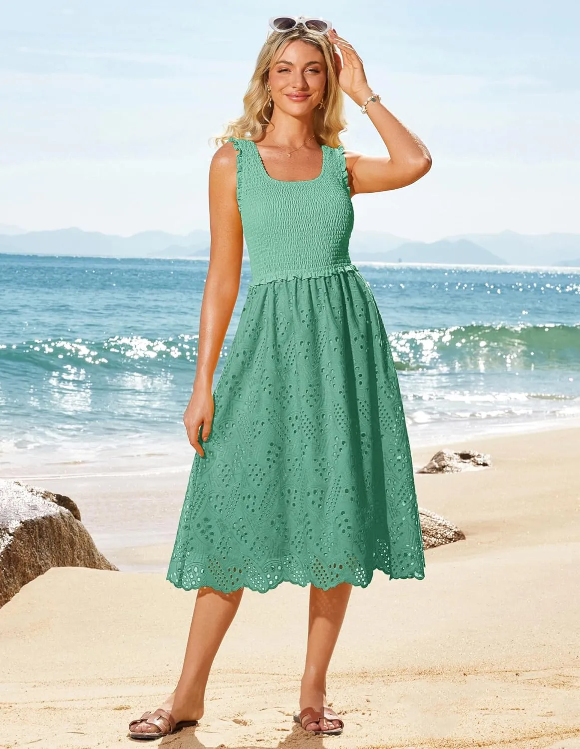 GRACE KARIN 2025 Womens Dress Summer Sleeveless Casual Vacation Embroidered Midi Dress with Pockets