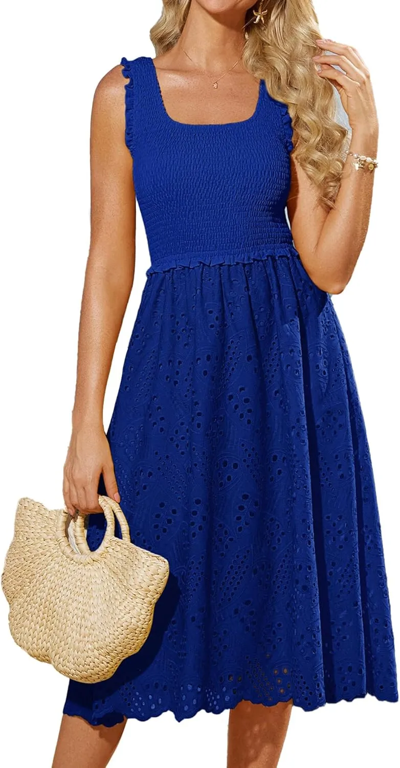 GRACE KARIN 2025 Womens Dress Summer Sleeveless Casual Vacation Embroidered Midi Dress with Pockets