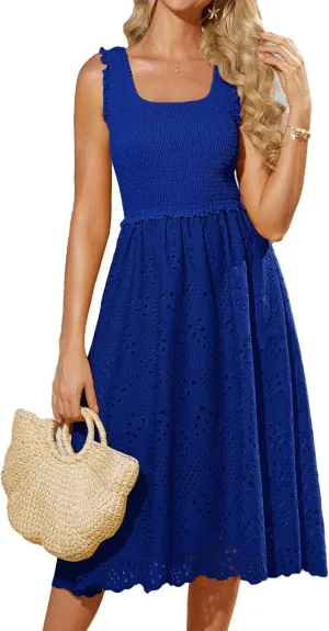 GRACE KARIN 2025 Womens Dress Summer Sleeveless Casual Vacation Embroidered Midi Dress with Pockets