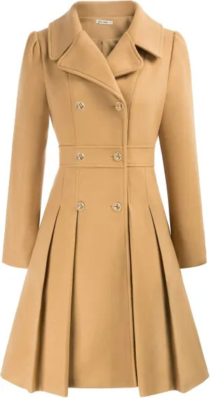 GRACE KARIN Fall Elegant Lapel Double Breasted A Line Long Pea Coats for Women Khaki M