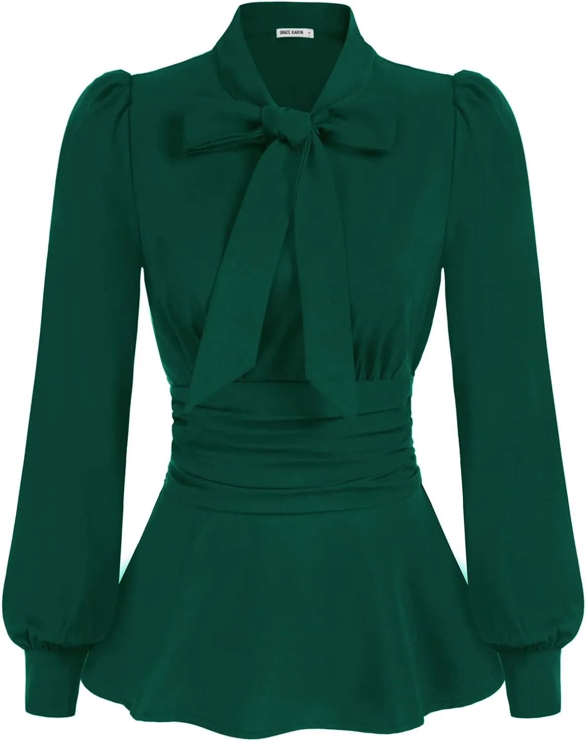 GRACE KARIN Women's 2025 Long Sleeve Peplum Dressy Shirt Office Bow Tie Work Blouses Tops Smocked Waist