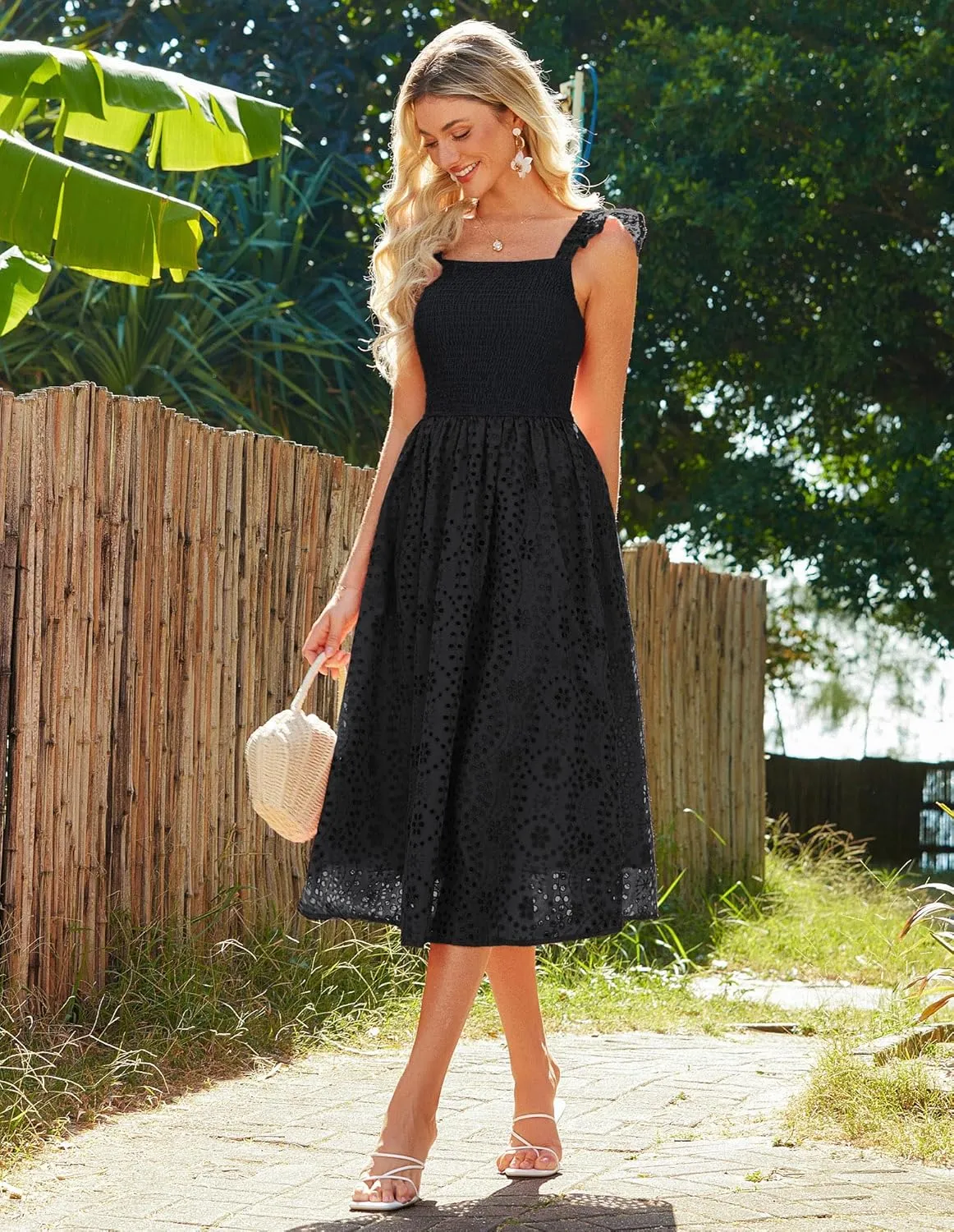 GRACE KARIN Women's 2025 Summer Ruffle Sleeve Midi Dress Square Neck Hollow Out Eyelet Smocked Beach Long Dress with Pockets