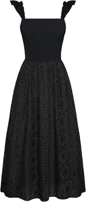 GRACE KARIN Women's 2025 Summer Ruffle Sleeve Midi Dress Square Neck Hollow Out Eyelet Smocked Beach Long Dress with Pockets