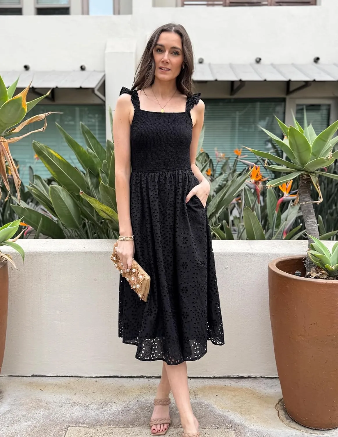 GRACE KARIN Women's 2025 Summer Ruffle Sleeve Midi Dress Square Neck Hollow Out Eyelet Smocked Beach Long Dress with Pockets
