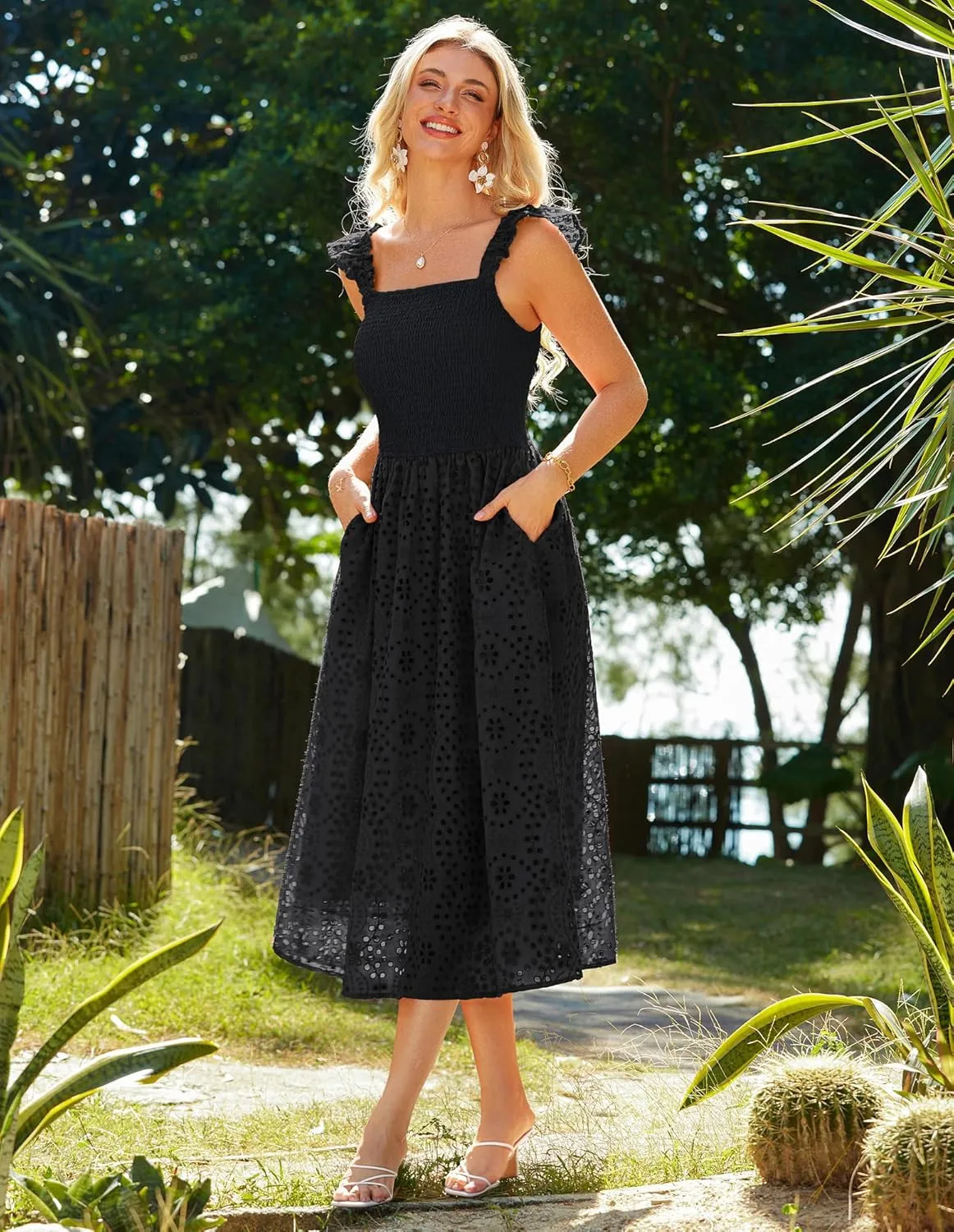 GRACE KARIN Women's 2025 Summer Ruffle Sleeve Midi Dress Square Neck Hollow Out Eyelet Smocked Beach Long Dress with Pockets
