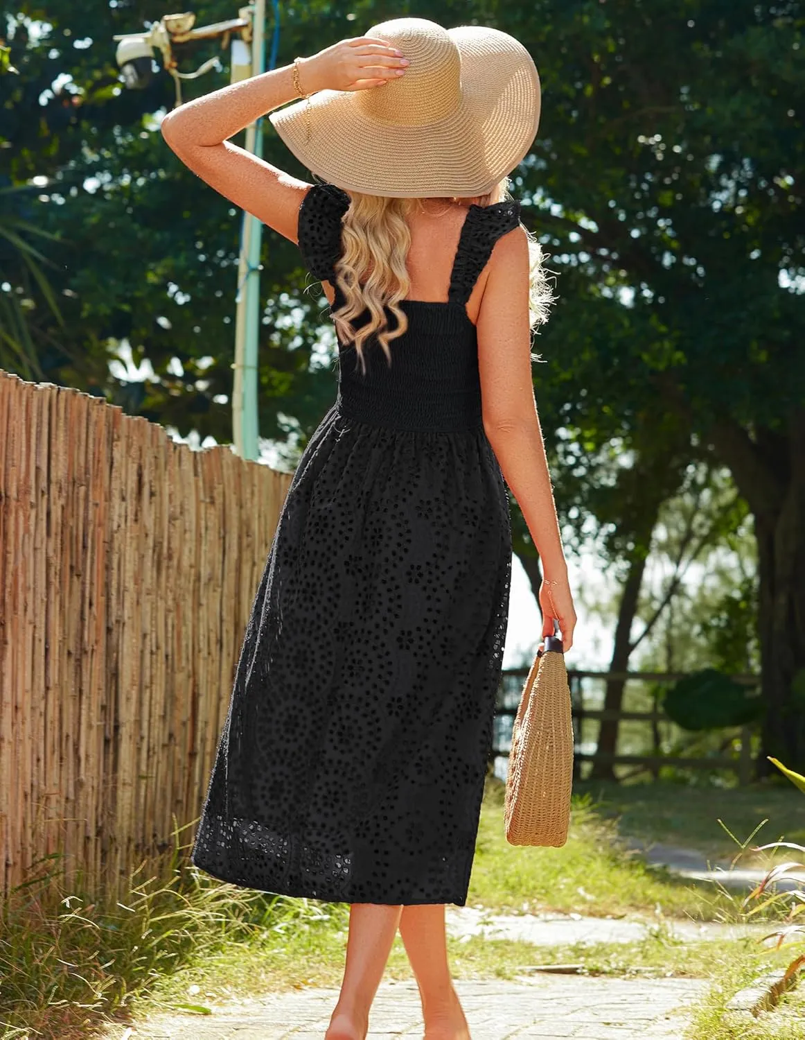 GRACE KARIN Women's 2025 Summer Ruffle Sleeve Midi Dress Square Neck Hollow Out Eyelet Smocked Beach Long Dress with Pockets