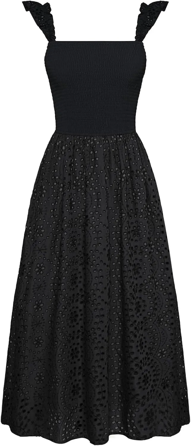 GRACE KARIN Women's 2025 Summer Ruffle Sleeve Midi Dress Square Neck Hollow Out Eyelet Smocked Beach Long Dress with Pockets