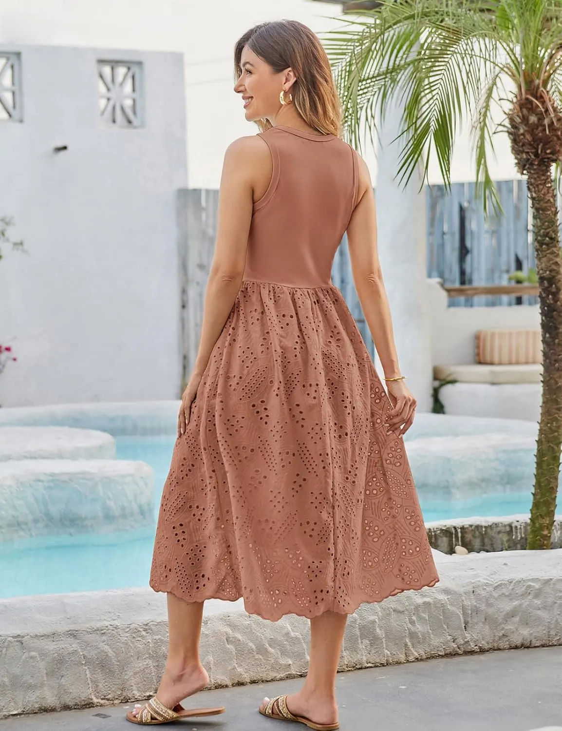 GRACE KARIN Women's Summer Sleeveless Tank Dress A Line Midi Dress Eyelet Crewneck Casual Holiday Dress with Pockets